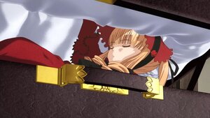 Rating: Safe Score: 0 Tags: 1girl blonde_hair closed_eyes curtains gloves hairband holding_sword image ribbon shinku solo sword twintails weapon User: admin