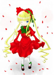 Rating: Safe Score: 0 Tags: 1girl blonde_hair blue_eyes blush bonnet bow bowtie dress drill_hair flower full_body green_bow image long_hair long_sleeves looking_at_viewer one_eye_closed pantyhose petals rose rose_petals shinku shoes solo striped twintails white_legwear User: admin