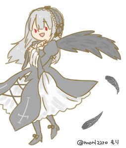 Rating: Safe Score: 0 Tags: 1girl black_dress dress feathered_wings feathers hairband image long_hair long_sleeves open_mouth silver_hair simple_background smile solo suigintou twitter_username white_background wings User: admin