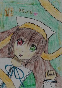 Rating: Safe Score: 0 Tags: 1girl brown_hair dress green_eyes heterochromia image long_hair long_sleeves looking_at_viewer photo red_eyes solo suiseiseki tongue tongue_out traditional_media User: admin