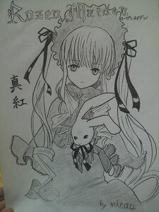 Rating: Safe Score: 0 Tags: 1girl dress greyscale hair_ribbon image long_hair looking_at_viewer monochrome ribbon shinku solo stuffed_animal stuffed_bunny traditional_media very_long_hair User: admin