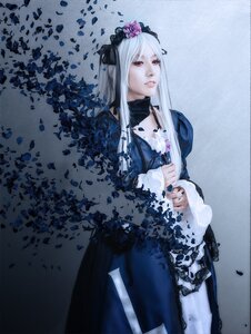 Rating: Safe Score: 0 Tags: 1girl dress flower gothic_lolita hair_ornament lace lips lolita_fashion long_hair long_sleeves petals red_eyes solo suigintou white_hair User: admin