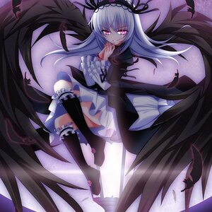 Rating: Safe Score: 0 Tags: 1girl bat black_feathers black_wings dress feathers frills hairband image lolita_fashion lolita_hairband long_hair long_sleeves looking_at_viewer moon pink_eyes silver_hair smile solo suigintou wings User: admin
