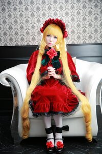 Rating: Safe Score: 0 Tags: 1girl blonde_hair blue_eyes bonnet dress flower lolita_fashion long_hair looking_at_viewer red_dress rose shinku sitting solo very_long_hair User: admin