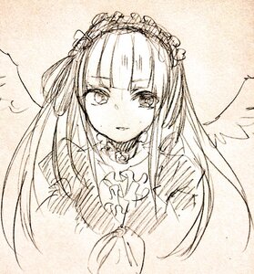 Rating: Safe Score: 0 Tags: 1girl angel_wings bangs dress eyebrows_visible_through_hair feathered_wings frills image long_hair looking_at_viewer monochrome rose solo solo_wing suigintou traditional_media upper_body white_wings wings User: admin