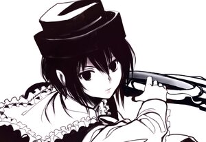 Rating: Safe Score: 0 Tags: 1girl frills gun hat image long_sleeves looking_at_viewer monochrome pointy_ears short_hair solo souseiseki striped weapon User: admin