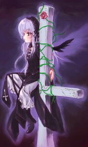 Rating: Safe Score: 0 Tags: 1girl dress flower frills hairband image long_hair long_sleeves ribbon rose silver_hair solo suigintou vines wings User: admin