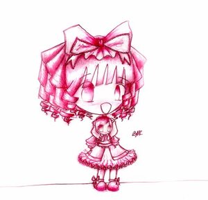 Rating: Safe Score: 0 Tags: 1girl bow chibi dress full_body hair_bow hinaichigo image monochrome open_mouth pink_theme puffy_sleeves smile solo standing striped vertical_stripes User: admin