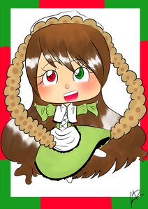 Rating: Safe Score: 0 Tags: 1girl blush brown_hair chibi dress green_dress green_eyes heterochromia image long_hair open_mouth red_eyes smile solo suiseiseki User: admin