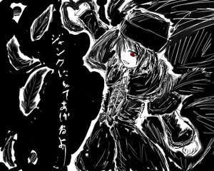 Rating: Safe Score: 0 Tags: 1girl greyscale hat image long_sleeves looking_at_viewer monochrome red_eyes short_hair smile solo souseiseki spot_color User: admin