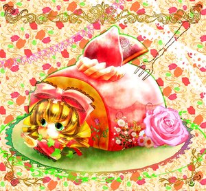 Rating: Safe Score: 0 Tags: 1girl blonde_hair bow dress drill_hair flower food green_eyes hat hina_ichigo hinaichigo image pink_bow pink_flower rose solo User: admin