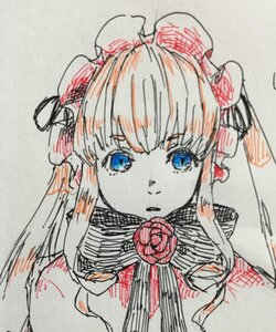 Rating: Safe Score: 0 Tags: 1girl bangs blue_eyes closed_mouth earrings eyebrows_visible_through_hair flower image jewelry long_hair looking_at_viewer photo red_flower red_rose ribbon rose shinku solo spot_color tattoo traditional_media upper_body User: admin