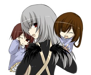 Rating: Safe Score: 0 Tags: brown_hair closed_eyes grey_hair image long_hair long_sleeves multiple multiple_girls one_eye_closed open_mouth red_eyes siblings simple_background sisters striped striped_shirt tagme User: admin