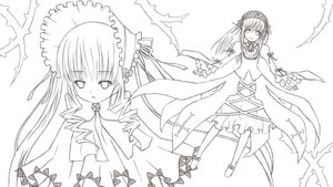 Rating: Safe Score: 0 Tags: 1girl bow dress flower frills full_body greyscale hairband image lolita_hairband long_hair long_sleeves looking_at_viewer monochrome pair ribbon rose shinku simple_background standing suigintou very_long_hair white_background User: admin