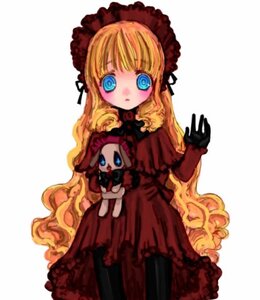 Rating: Safe Score: 0 Tags: 1girl blonde_hair blue_eyes bow chibi dress image long_hair long_sleeves looking_at_viewer red_dress rose shinku solo striped very_long_hair white_background User: admin