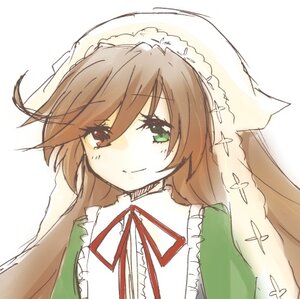 Rating: Safe Score: 0 Tags: 1girl bangs brown_hair closed_mouth dress eyebrows_visible_through_hair frills green_eyes head_scarf heterochromia image long_hair looking_at_viewer neck_ribbon ribbon simple_background smile solo suiseiseki white_background User: admin