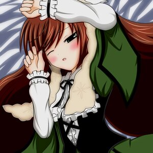 Rating: Safe Score: 0 Tags: 1girl blush brown_hair dress green_dress green_eyes image long_hair long_sleeves lying one_eye_closed open_mouth ribbon solo suiseiseki User: admin