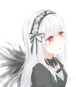 Rating: Safe Score: 0 Tags: 1girl bangs black_bow black_dress black_ribbon bow detached_collar dress eyebrows_visible_through_hair hairband image long_hair looking_at_viewer parted_lips puffy_sleeves red_eyes ribbon signature silver_hair simple_background solo suigintou white_background User: admin