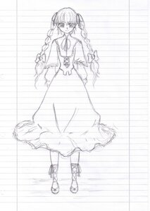 Rating: Safe Score: 0 Tags: 1girl bow braid dress full_body image long_hair long_sleeves looking_at_viewer monochrome ribbon shinku sketch solo standing twin_braids User: admin