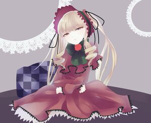 Rating: Safe Score: 0 Tags: 1girl argyle blonde_hair bonnet bow checkered checkered_background checkered_floor dress drill_hair flower image long_hair red_dress rose shinku sitting solo twintails User: admin