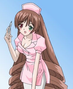 Rating: Safe Score: 0 Tags: 1girl :d auto_tagged blue_background blush breasts brown_hair cleavage dress green_eyes hat heterochromia image long_hair looking_at_viewer medium_breasts nurse nurse_cap open_mouth pink_dress pink_headwear red_eyes short_sleeves smile solo suiseiseki very_long_hair User: admin