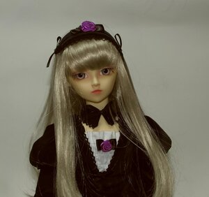 Rating: Safe Score: 0 Tags: 1girl bangs blonde_hair closed_mouth doll dress flower gothic_lolita grey_background lips lolita_fashion long_hair looking_at_viewer purple_flower purple_rose rose simple_background solo suigintou upper_body User: admin