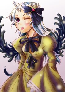 Rating: Safe Score: 0 Tags: 1girl ;p blurry blurry_foreground blush costume_switch depth_of_field dress feathered_wings feathers image juliet_sleeves long_hair long_sleeves looking_at_viewer one_eye_closed purple_eyes ribbon solo tongue tongue_out wings yellow_dress User: admin