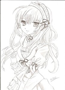 Rating: Safe Score: 0 Tags: 1girl breasts dress frills graphite_(medium) greyscale hairband image lolita_fashion lolita_hairband long_hair long_sleeves looking_at_viewer monochrome ribbon signature smile solo striped striped_background suigintou traditional_media vertical_stripes User: admin