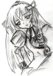 Rating: Safe Score: 0 Tags: 1girl bow bowtie greyscale hairband image lolita_hairband long_hair looking_at_viewer monochrome simple_background sketch solo suigintou traditional_media upper_body white_background User: admin