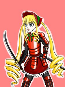 Rating: Safe Score: 0 Tags: 1girl blonde_hair blue_eyes bonnet dress drill_hair flower holding image long_hair shinku simple_background solo weapon User: admin