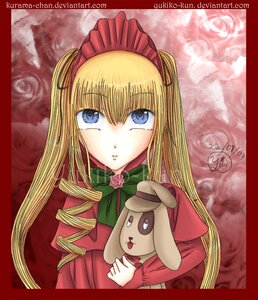 Rating: Safe Score: 0 Tags: 1girl blonde_hair blue_eyes bow bowtie dated drill_hair flower green_bow image long_hair looking_at_viewer rose shinku solo stuffed_animal upper_body User: admin