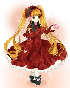 Rating: Safe Score: 0 Tags: 1girl blonde_hair blue_eyes bow dress drill_hair flower full_body image long_hair long_sleeves looking_at_viewer pink_flower pink_rose red_dress rose shinku shoes solo twintails very_long_hair white_legwear User: admin