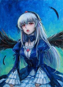 Rating: Safe Score: 0 Tags: 1girl black_feathers black_ribbon black_wings detached_collar dress feathered_wings feathers frilled_sleeves frills hairband image long_hair long_sleeves looking_at_viewer open_mouth puffy_sleeves red_eyes ribbon silver_hair solo suigintou traditional_media very_long_hair wings User: admin