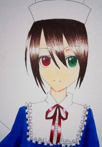 Rating: Safe Score: 0 Tags: 1girl auto_tagged closed_mouth expressionless frills green_eyes hair_between_eyes hat heterochromia image looking_at_viewer neck_ribbon red_eyes red_ribbon ribbon short_hair simple_background solo souseiseki traditional_media upper_body User: admin