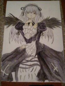 Rating: Safe Score: 0 Tags: 1girl black_wings dress flower frills hairband image long_hair long_sleeves ribbon rose sitting solo suigintou table wings User: admin