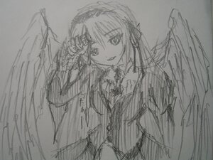 Rating: Safe Score: 0 Tags: 1girl bare_shoulders dress feathered_wings greyscale image long_hair long_sleeves looking_at_viewer monochrome simple_background sketch solo suigintou traditional_media wings User: admin