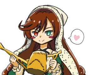 Rating: Safe Score: 0 Tags: 1girl blurry brown_hair dress green_eyes head_scarf heart heterochromia image instrument long_hair long_sleeves red_eyes simple_background smile solo speech_bubble spoken_heart suiseiseki upper_body white_background User: admin