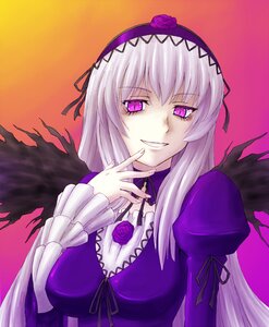 Rating: Safe Score: 0 Tags: 1girl black_wings breasts dress flower grin hairband image long_hair long_sleeves looking_at_viewer pink_eyes rose silver_hair smile solo suigintou upper_body wings User: admin