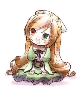 Rating: Safe Score: 0 Tags: 1girl :d blush brown_hair chibi dress frills green_dress green_eyes head_scarf heterochromia image long_hair long_sleeves open_mouth simple_background sitting smile solo suiseiseki very_long_hair white_background User: admin