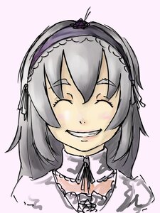 Rating: Safe Score: 0 Tags: 1girl blush closed_eyes grey_hair grin hairband image long_hair pink_background smile solo striped suigintou vertical_stripes User: admin