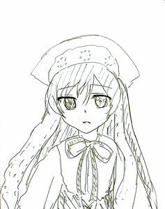 Rating: Safe Score: 0 Tags: 1girl bangs eyebrows_visible_through_hair hat image long_hair long_sleeves looking_at_viewer monochrome ribbon solo striped suiseiseki upper_body vertical_stripes User: admin