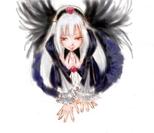 Rating: Safe Score: 0 Tags: 1girl bangs black_wings blurry depth_of_field detached_collar dress feathers flower frills from_above hairband image long_hair long_sleeves looking_at_viewer red_eyes rose simple_background smile solo suigintou white_background wings User: admin