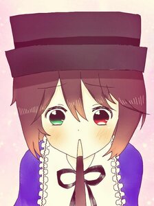 Rating: Safe Score: 0 Tags: blush brown_hair finger_to_mouth frills hat heterochromia image looking_at_viewer neck_ribbon red_eyes ribbon short_hair solo souseiseki User: admin