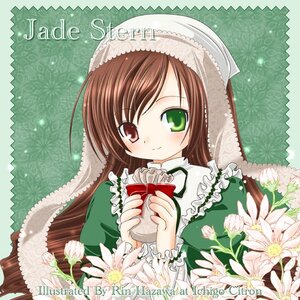 Rating: Safe Score: 0 Tags: 1girl blush brown_hair dress english_text flower frills green_background green_dress green_eyes hat head_scarf holding holding_gift image long_sleeves looking_at_viewer red_eyes smile solo suiseiseki User: admin