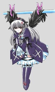 Rating: Safe Score: 0 Tags: 1girl black_wings dress flower frills hairband image long_hair long_sleeves red_eyes ribbon rose silver_hair solo suigintou weapon wings User: admin