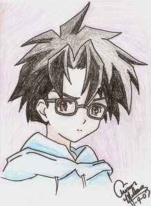Rating: Safe Score: 0 Tags: 1boy artist_name bangs black_hair brown_eyes closed_mouth face glasses human looking_at_viewer photo sakurada_jun signature simple_background solo spiked_hair traditional_media upper_body User: admin