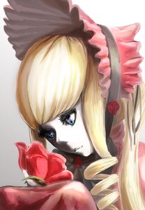 Rating: Safe Score: 0 Tags: 1girl bangs blonde_hair blue_eyes bonnet bow drill_hair eyelashes flower image lips lolita_fashion long_hair pink_rose portrait red_flower red_rose rose shinku solo striped User: admin