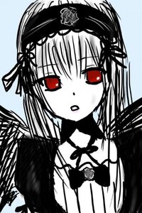 Rating: Safe Score: 0 Tags: 1girl bangs black_wings detached_collar dress flower frills hairband image long_hair long_sleeves looking_at_viewer monochrome red_eyes rose simple_background solo suigintou upper_body wings User: admin