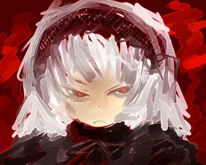 Rating: Safe Score: 0 Tags: 1boy close-up image red_background red_eyes solo suigintou teeth white_hair User: admin