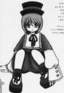 Rating: Safe Score: 0 Tags: 1girl bangs capelet closed_mouth dress full_body greyscale hat image long_sleeves looking_at_viewer monochrome ribbon shoes short_hair sitting smile solo souseiseki top_hat User: admin